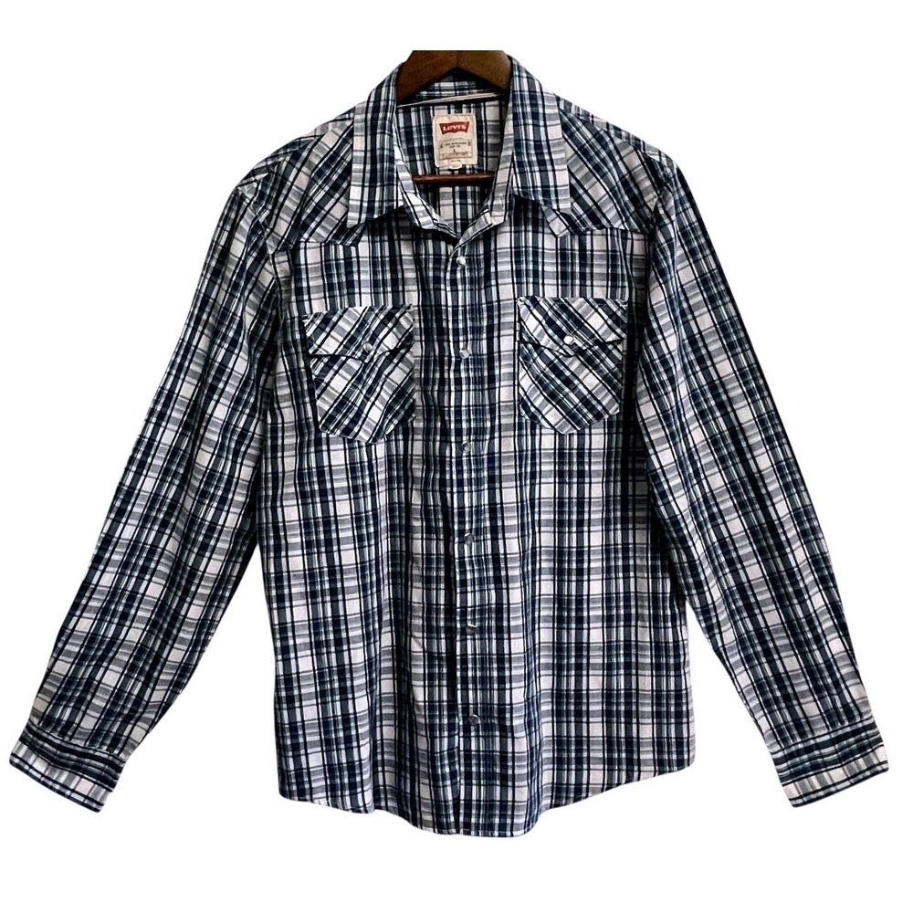 Levi's Western Pearl Snap Shirt Mens L Blue Plaid Long Sleeve